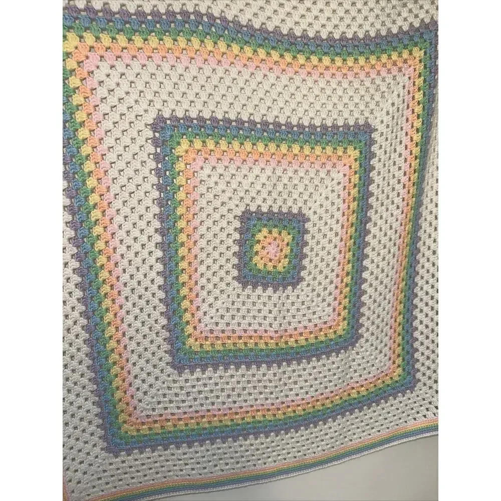 NEW Pastel Rainbow Crochet Knit Blanket 3‎ Feet 3' White Baby Boy Girl Square